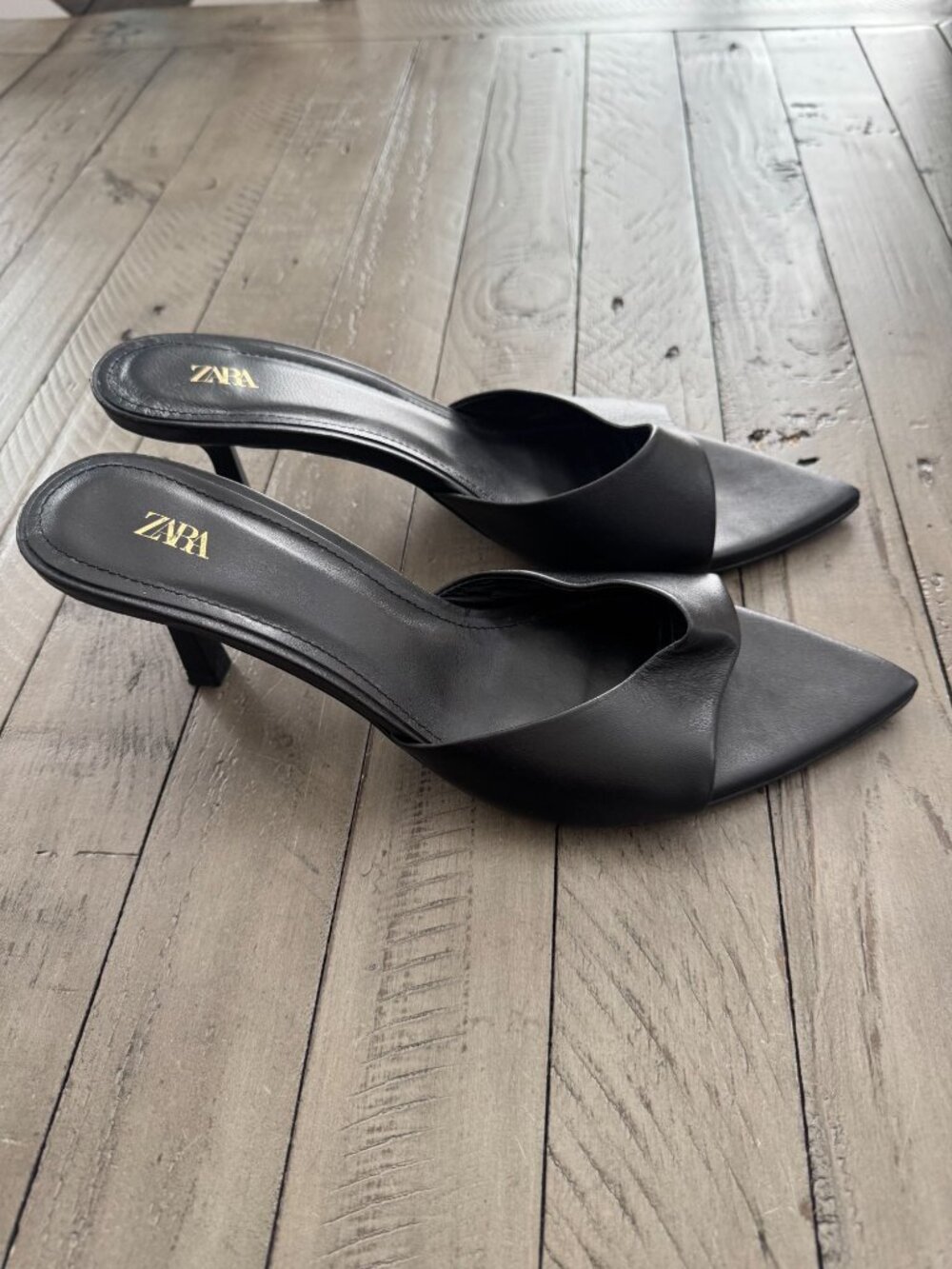 ZARA Black Leather Open Pointed Mule Heeled Sandals Size 40 10 - Picture 5 of 6